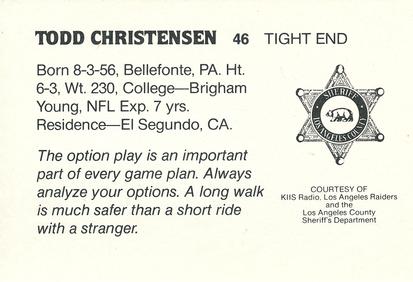 1985 Los Angeles Raiders Police #NNO Todd Christensen Back