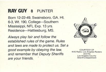 1985 Los Angeles Raiders Police #NNO Ray Guy Back