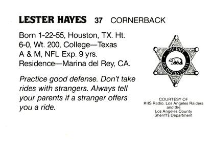 1985 Los Angeles Raiders Police #NNO Lester Hayes Back