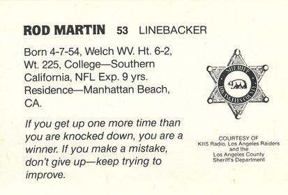 1985 Los Angeles Raiders Police #NNO Rod Martin Back