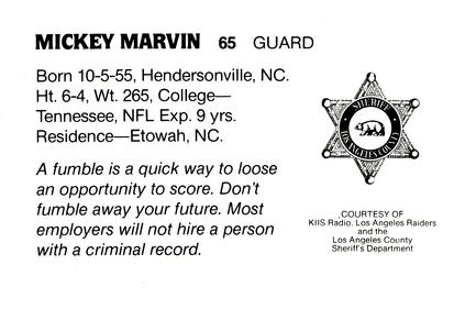 1985 Los Angeles Raiders Police #NNO Mickey Marvin Back