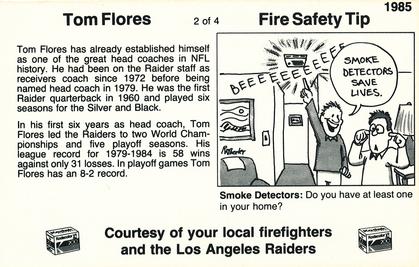 1985 Los Angeles Raiders Fire Safety #2 Tom Flores Back