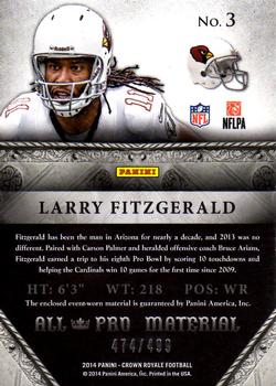 2014 Panini Crown Royale - All-Pro Materials #3 Larry Fitzgerald Back
