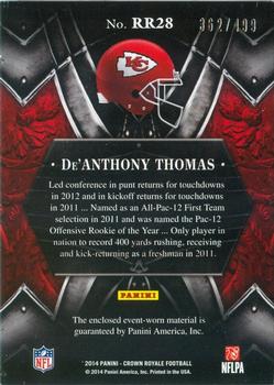 2014 Panini Crown Royale - Rookie Royalty Materials #RR28 De'Anthony Thomas Back