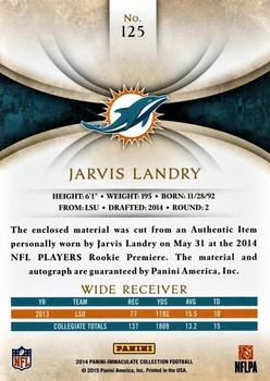 2014 Panini Immaculate Collection #125 Jarvis Landry Back
