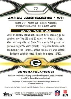 2014 Topps Platinum - Autographs Purple Refractors #77 Jared Abbrederis Back