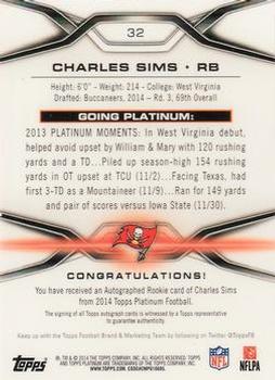 2014 Topps Platinum - Autographs Refractors #32 Charles Sims Back