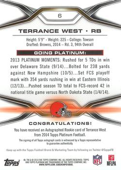 2014 Topps Platinum - Autographs Refractors #6 Terrance West Back