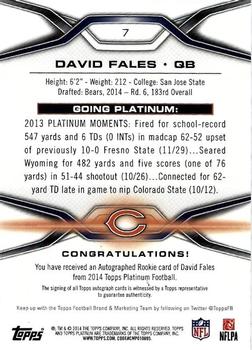 2014 Topps Platinum - Autographs Refractors #7 David Fales Back