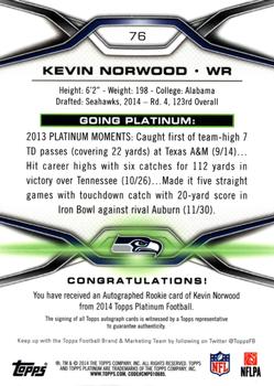 2014 Topps Platinum - Autographs Refractors #76 Kevin Norwood Back