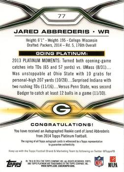 2014 Topps Platinum - Autographs Refractors #77 Jared Abbrederis Back