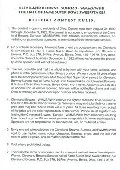 1992 Sunoco Cleveland Browns Hall of Famers #NNO Sweepstakes Entry Back