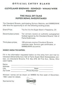 1992 Sunoco Cleveland Browns Hall of Famers #NNO Sweepstakes Entry Front