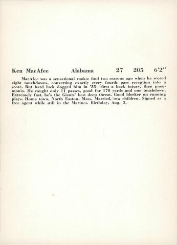 1956 Jay Publishing New York Giants #NNO Ken MacAfee Back