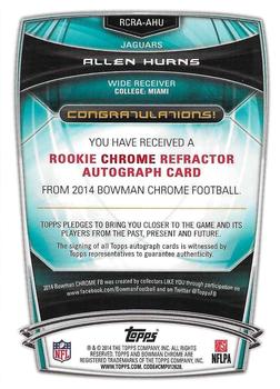 2014 Bowman Chrome - Rookie Autographs Refractors #RCRA-AHU Allen Hurns Back