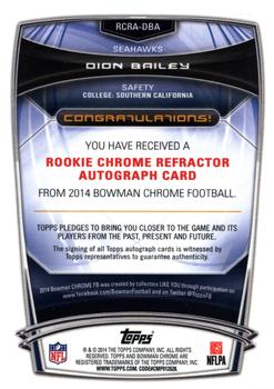 2014 Bowman Chrome - Rookie Autographs Refractors #RCRA-DBA Dion Bailey Back