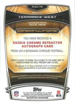 2014 Bowman Chrome - Rookie Autographs Blue Refractors #RCRA-TW Terrance West Back