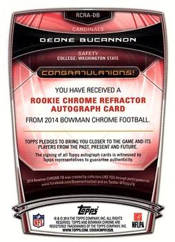 2014 Bowman Chrome - Rookie Autographs Blue Refractors #RCRA-DB Deone Bucannon Back