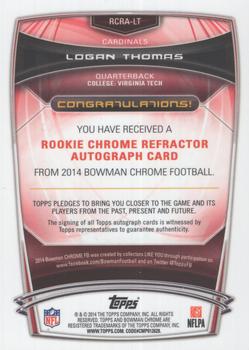 2014 Bowman Chrome - Rookie Autographs Blue Refractors #RCRA-LT Logan Thomas Back