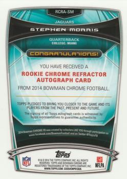 2014 Bowman Chrome - Rookie Autographs Blue Refractors #RCRA-SM Stephen Morris Back