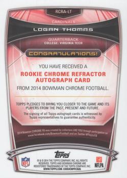 2014 Bowman Chrome - Rookie Autographs Bubble Refractors #RCRA-LT Logan Thomas Back