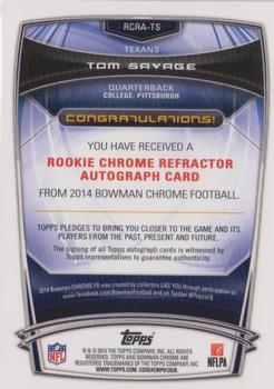 2014 Bowman Chrome - Rookie Autographs Gold Refractors #RCRA-TS Tom Savage Back