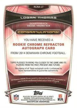 2014 Bowman Chrome - Rookie Autographs Red Refractors #RCRA-LT Logan Thomas Back
