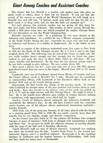1957 Jay Publishing New York Giants #NNO Coaching Staff - Jim Lee Howell / Vince Lombardi / Tom Landry / Ken Kavanaugh / John Dell Isola Back