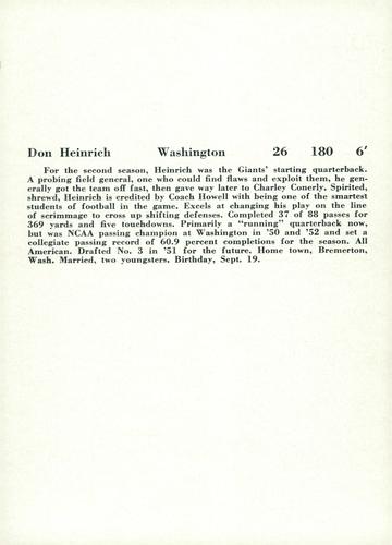 1957 Jay Publishing New York Giants #NNO Don Heinrich Back
