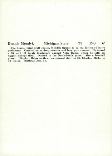1957 Jay Publishing New York Giants #NNO Dennis Mendyk Back