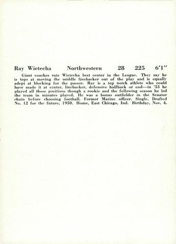 1957 Jay Publishing New York Giants #NNO Ray Wietecha Back