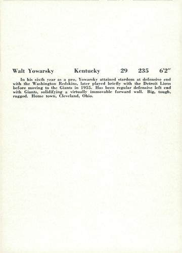 1957 Jay Publishing New York Giants #NNO Walt Yowarsky Back