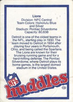 1983 NFL Properties Huddles #NNO Detroit Lions Back