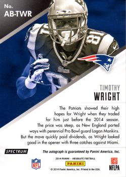 2014 Panini Absolute - Absolute Ink Spectrum Silver #AB-TWR Timothy Wright Back