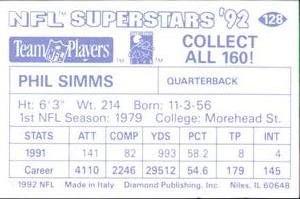 1992 Diamond NFL Superstars Stickers #128 Phil Simms Back