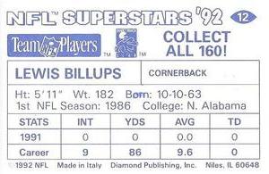 1992 Diamond NFL Superstars Stickers #12 Lewis Billups Back