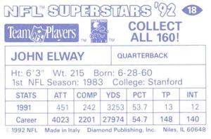 1992 Diamond NFL Superstars Stickers #18 John Elway Back