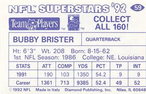 1992 Diamond NFL Superstars Stickers #59 Bubby Brister Back
