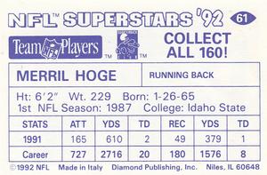 1992 Diamond NFL Superstars Stickers #61 Merril Hoge Back