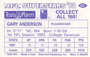 1992 Diamond NFL Superstars Stickers #62 Gary Anderson Back