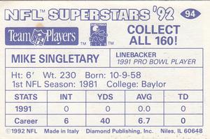 1992 Diamond NFL Superstars Stickers #94 Mike Singletary Back