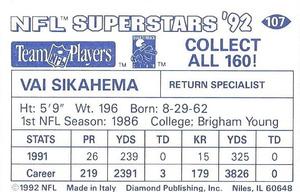 1992 Diamond NFL Superstars Stickers #107 Vai Sikahema Back