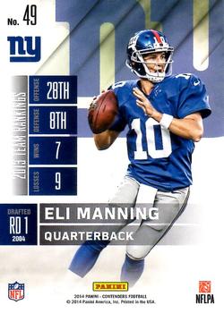 2014 Panini Contenders - Playoff Ticket #49 Eli Manning Back