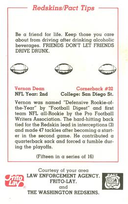 1983 Washington Redskins Police #15 Vernon Dean Back