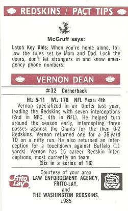 1985 Washington Redskins Police #6 Vernon Dean Back