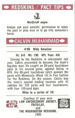 1985 Washington Redskins Police #9 Calvin Muhammad Back