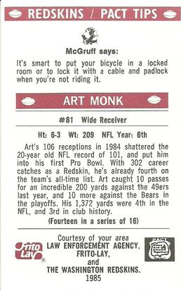 1985 Washington Redskins Police #14 Art Monk Back