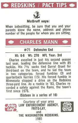 1985 Washington Redskins Police #16 Charles Mann Back