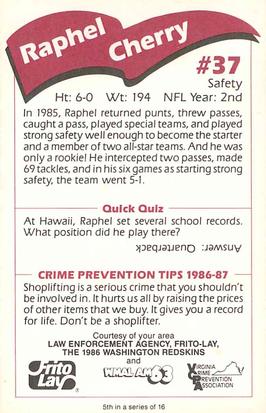 1986 Washington Redskins Police #5 Raphel Cherry Back