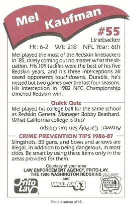 1986 Washington Redskins Police #7 Mel Kaufman Back